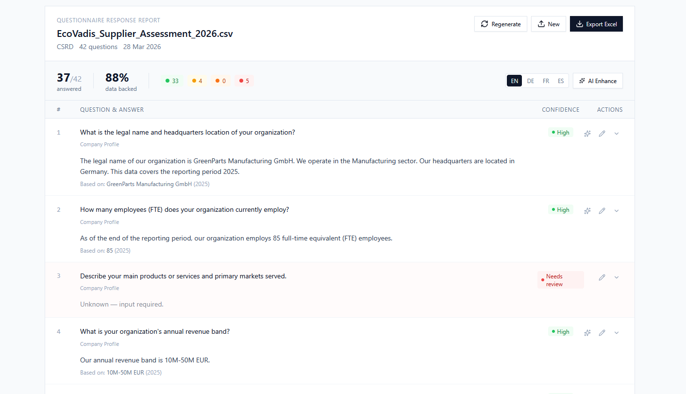 ESG Passport response workspace showing matched questionnaire answers and export controls